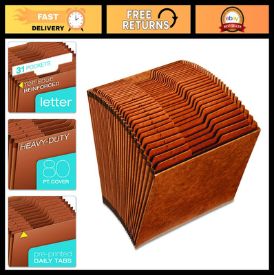Heavy-Duty Expanding File with 31 Pockets, Open Top, 1/3 Tab, Letter Size, Brown