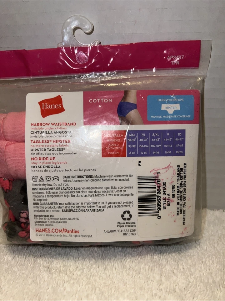 NUEVO PACK DE 2 ROPA INTERIOR HIPSTER ALGODÓN HANES TALLA 6 MUJER Rosa Y Floral Foto 2 de 3