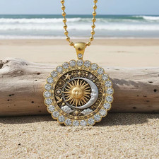 Sun Moon Jeweled Round Necklace Jewelry Golden Celestial Pendant