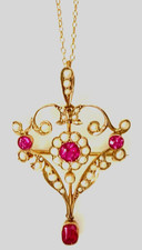 ABSOLUTELY MAGNIFICENT 9ct GOLD *REAL RUBIES*SEED PEARLS*Brooch PENDANT Necklace
