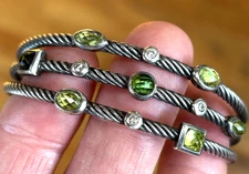 David Yurman Confetti 3 Row Peridot Tourmaline Diamond Cuff Bracelet Silver