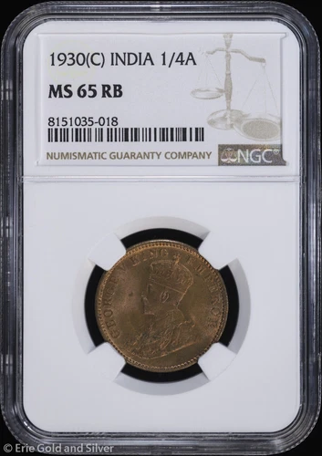 1930-(C) India 1/4 Anna NGC MS 65 RB | Toned Uncirculated UNC BU