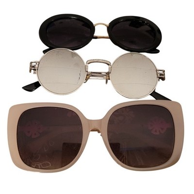 Lot of 3 Womens Fashion Sunglasses Vtg Square Beige Black Round Silver Mirrored