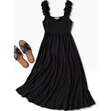 Reformation Black Ruffle Strap Square Neck Tencel Midi Dress Medium Knit Minimal