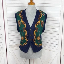 Vintage 80s Jantzen Sweater Vest Women Small Blue Baroque Equestrian V Neck