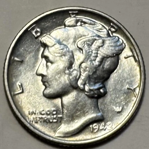 1942 Mercury Dime 90% Silver - Split Bands - GEM BU  C