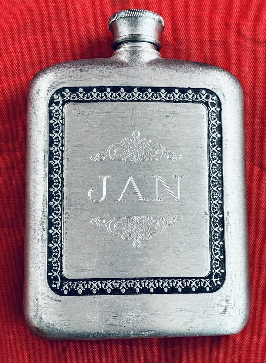 ROYAL SELANGOR PEWTER HIP FLASK W/ ENGRAVED “JAN” DESIGN VINTAGE