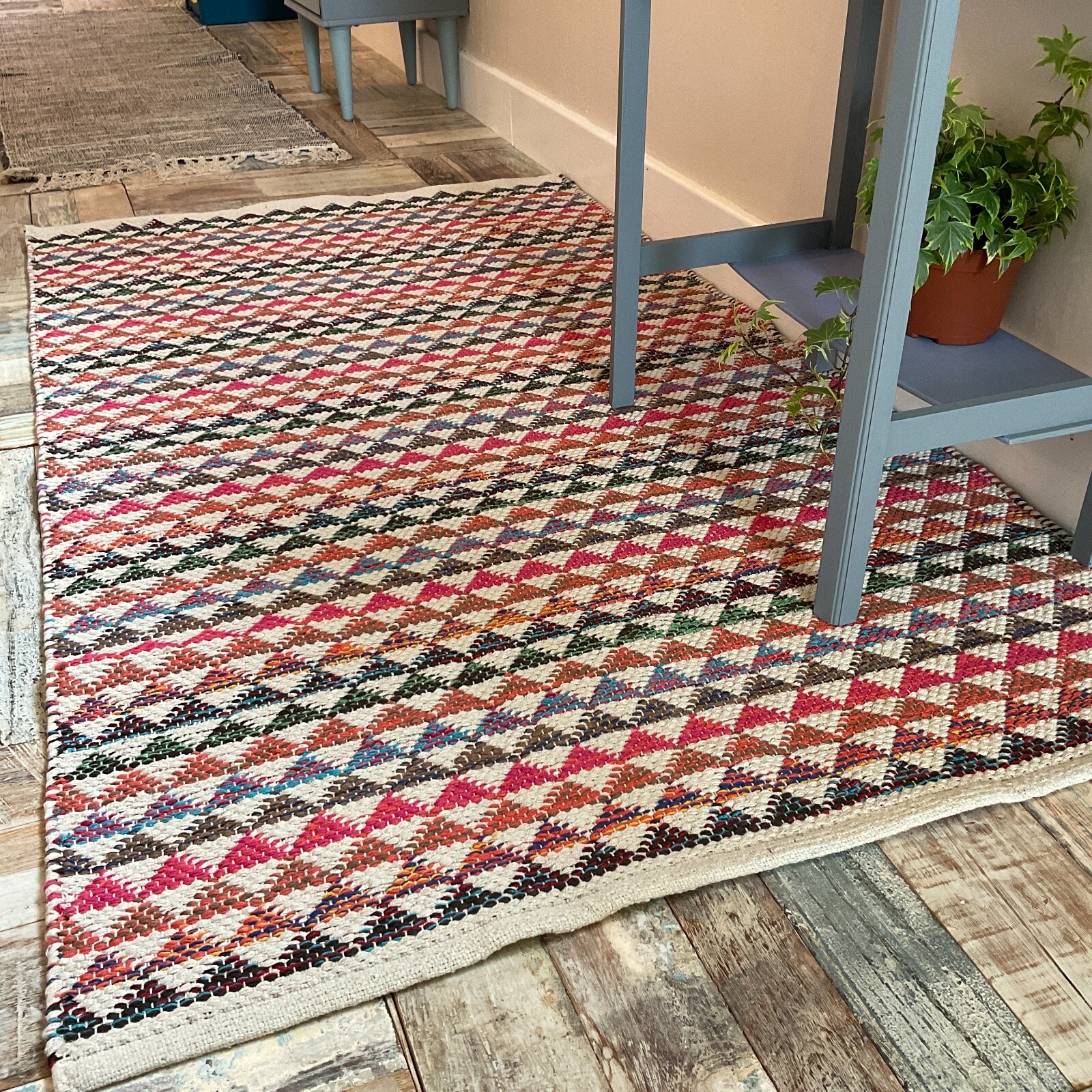 Cotton Rug Multi Colour Geometric Rugs Hand Woven Weave Ethical Small