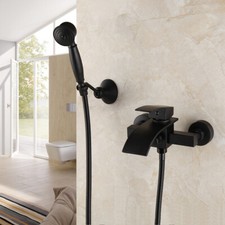 Bathroom Wall Mount Bath Tub Black Shower Tap Mixer Water Faucet W/Hand Spray