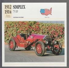 1912 1913 1914 Simplex 75 HP American Car Photo Spec Sheet Info French Card