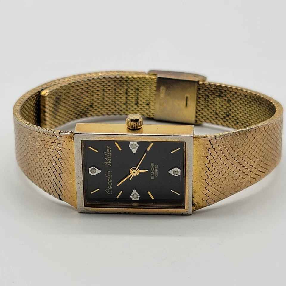 复古 Cecelia Miller 坦克手表 19 毫米女式钻石金色全新电池 * — 第 3/4 张图片