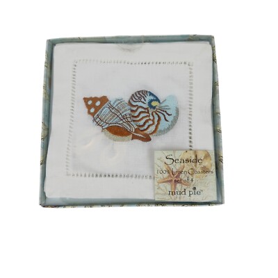 Mud pie Linen Coasters New In Box set of 4 seashells beach decor shell embroider