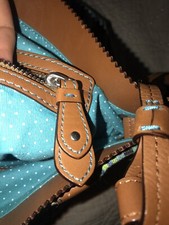 Nanette Lepore Leather Striped Canvas Bucket Bag Crossbody Strap Purse Euc