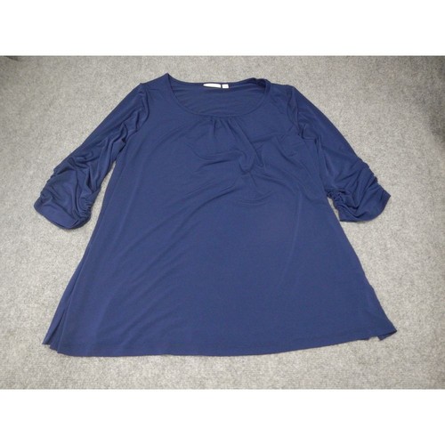 Susan Graver Top Bluse Damen 1X dunkelblau U-Ausschnitt 3/4 Arm Stretch