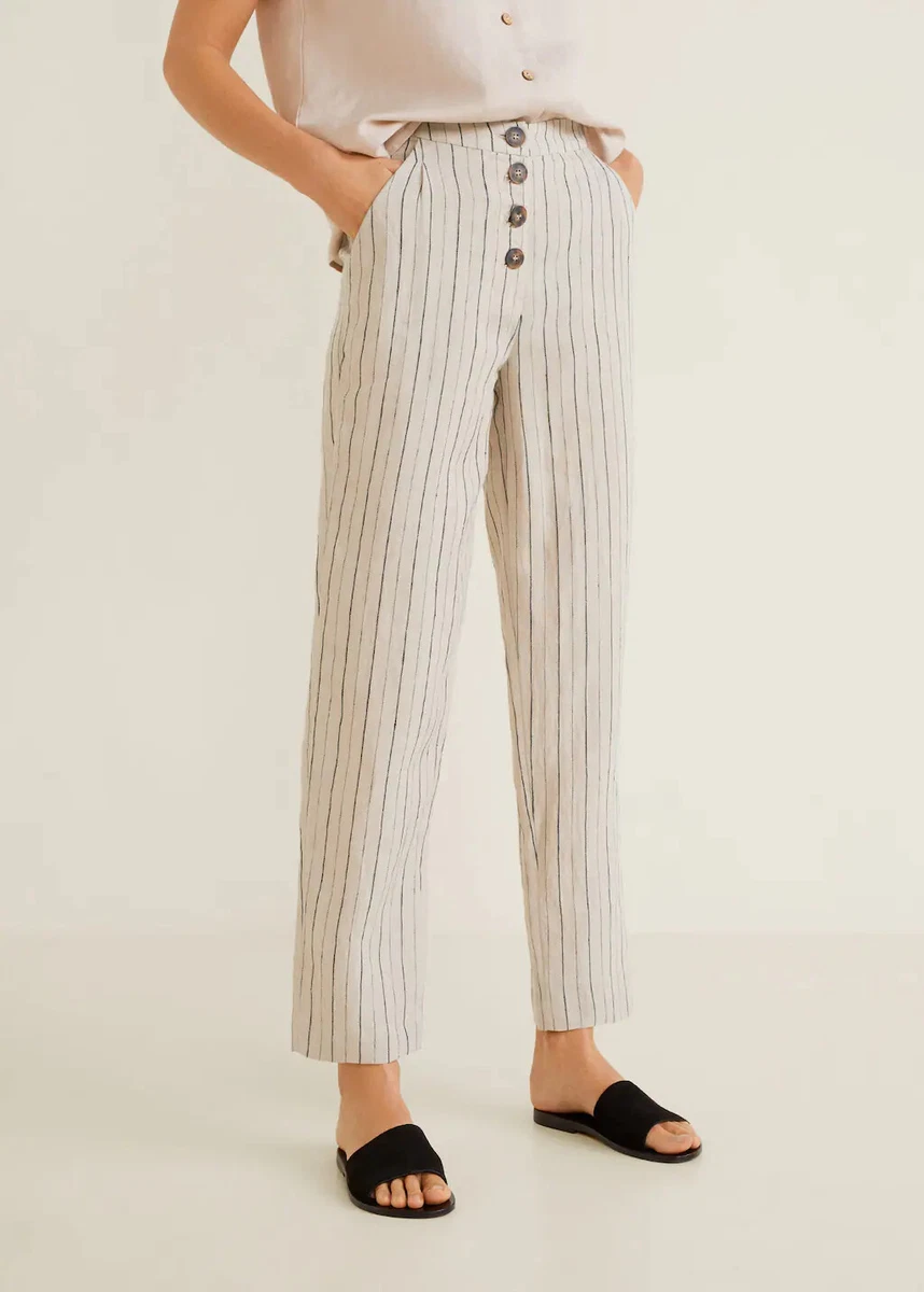 Mango Size L Grey Cream Stripe Linen Mix Summer TROUSERS Casual