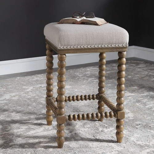 Uttermost 23495 Pryce 15"W Wooden Upholstered Counter Stool - Soft Ivory - Picture 3 of 5