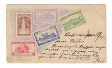 Rare FA Busch 1901 Color Postcard w/ 5 Pan American Exposition Cinderella Labels