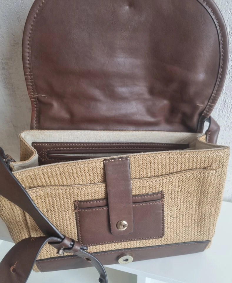 besace zara basic collection sac bandoulière paille et simili cuir marron beige - Photo 4/4
