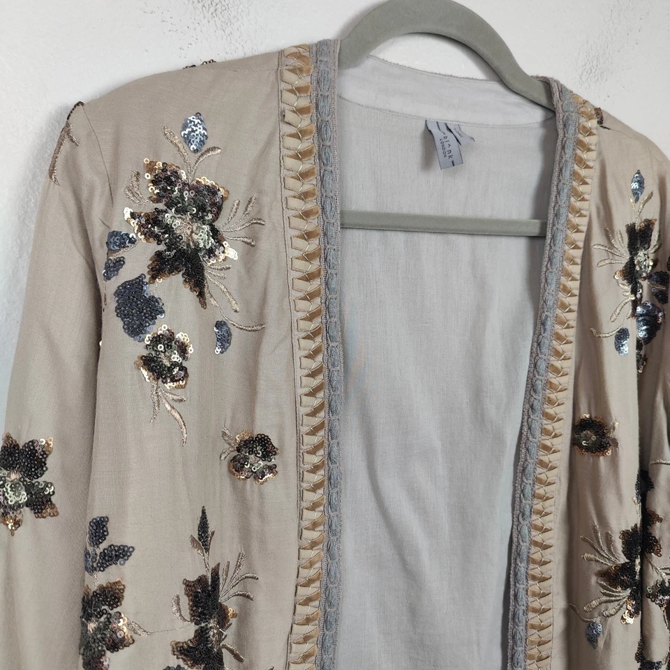 Cárdigan Londres Blanco Mujer XS Beige Floral Lentejuelas Adornado Chaqueta Kimono Foto 3 de 4