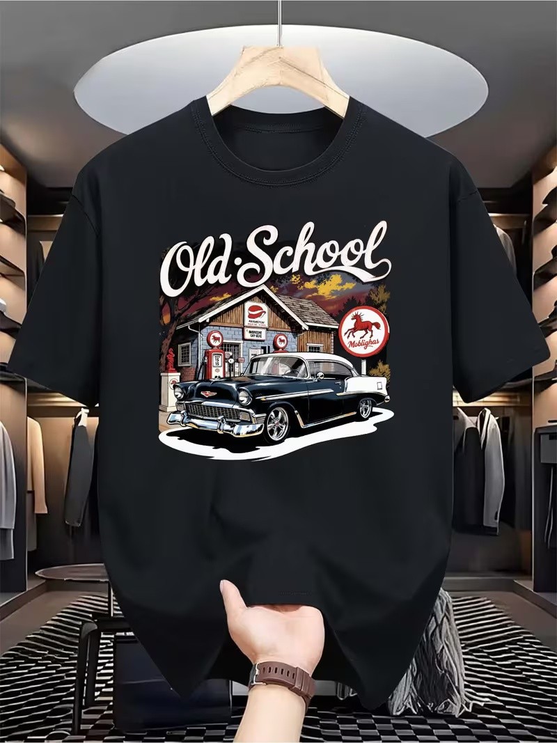 Men's Casual Short Sleeve Old School Vintage Classic Car Retro T-Shirt