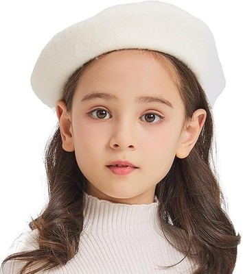 Wool Kids Beret Hat Girls Solid Color Artist French Beret Cap Solid White