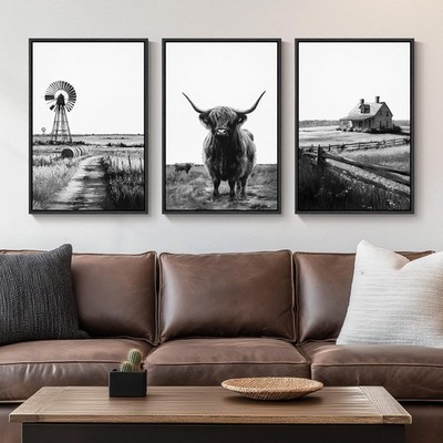 Framed Highland Cow Wall Art for Living Room, 3 Piece Black and White Farmhou...