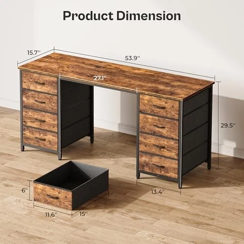  55 Inch Computer Desk with 8 Fabric Drawers, Office Desk 54 inch Rustic Brown - Image 2 of 4