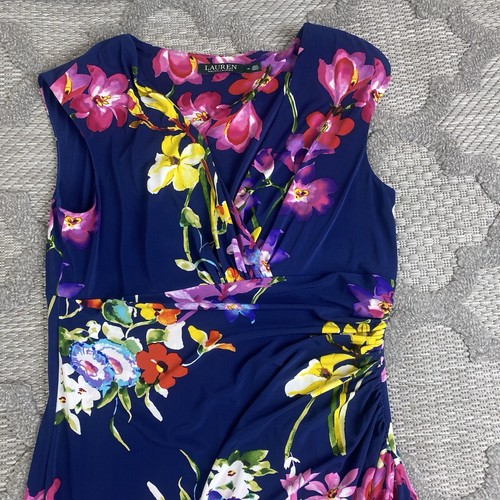 Lauren Ralph Lauren Dress Womens Size 14 Navy Blue Floral Colorful V Neck - Picture 2 of 9
