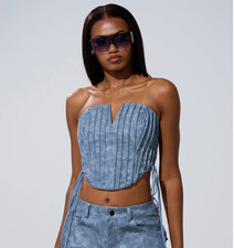 AKIRA All Around the City BUSTIER CORSET Blue Size S Lined Stretch Vegan Leather