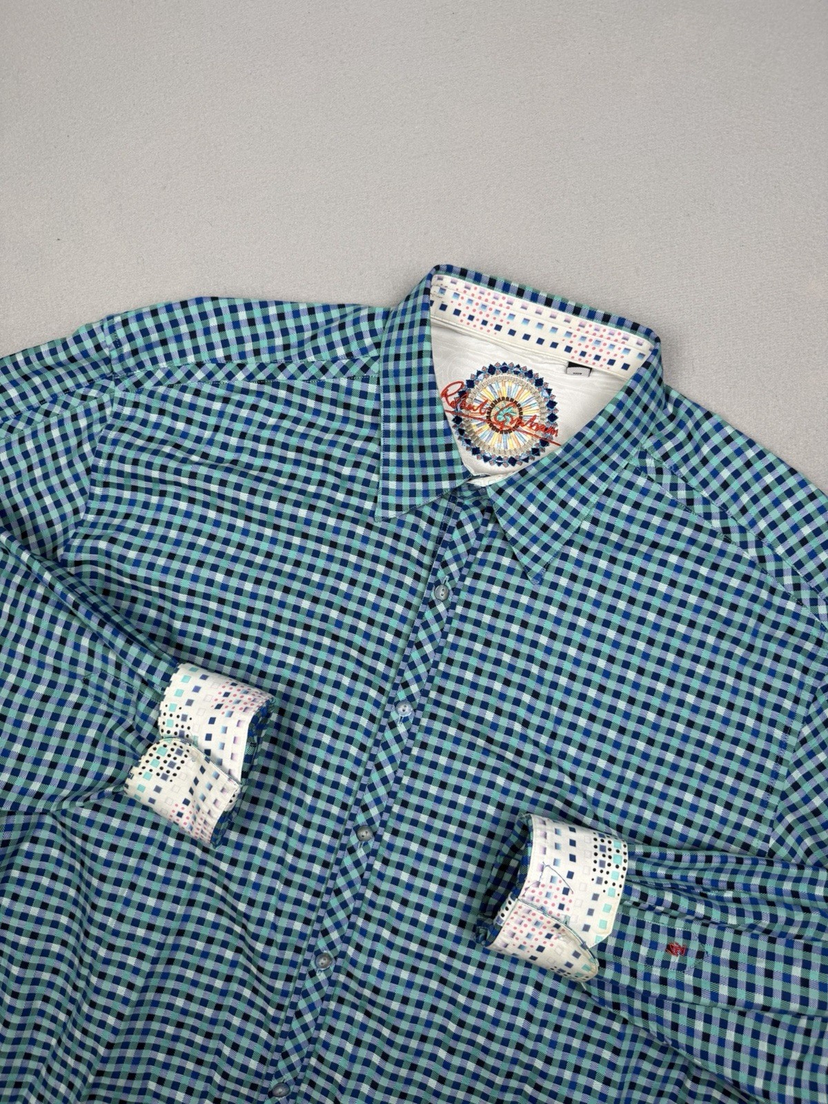 Robert Graham Shirt Mens 2XL Blue Check Plaid Button Up Embroidered Flip Cuff