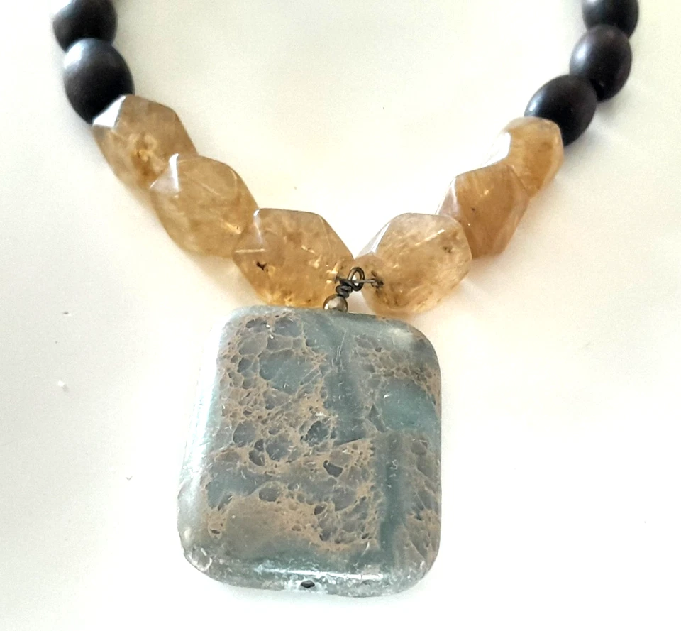 Artisan Real Quartz Gemstone , Wood 18" Necklace w/ Ocean Jasper Pendant - Image 3 of 4
