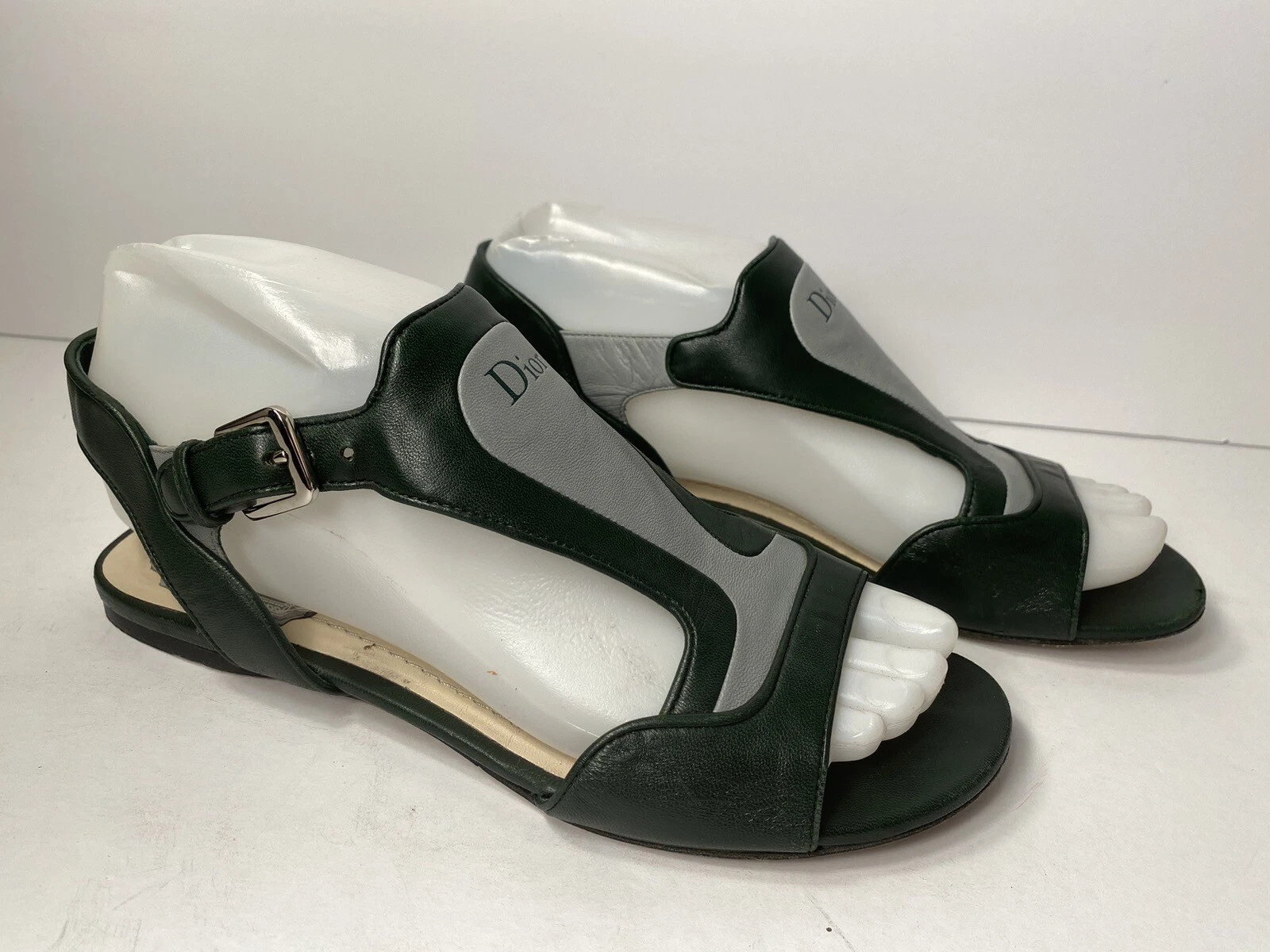 Sandales plates en cuir vert foncé gris logo 36/5,5