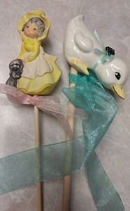Vtg Houseplant Picks Duck & Girl Figurine Ceramic Plant Stakes Hand-Painted 2pc