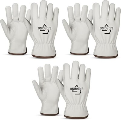 Giorgino Leather Work Gloves Men Pack of 3 Heavy Duty Cowhide Driver Gloves Safe