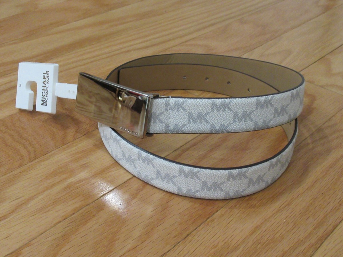 Michael Kors MK Logo Womens Waist Belt White w/ Silver Bar Buckle