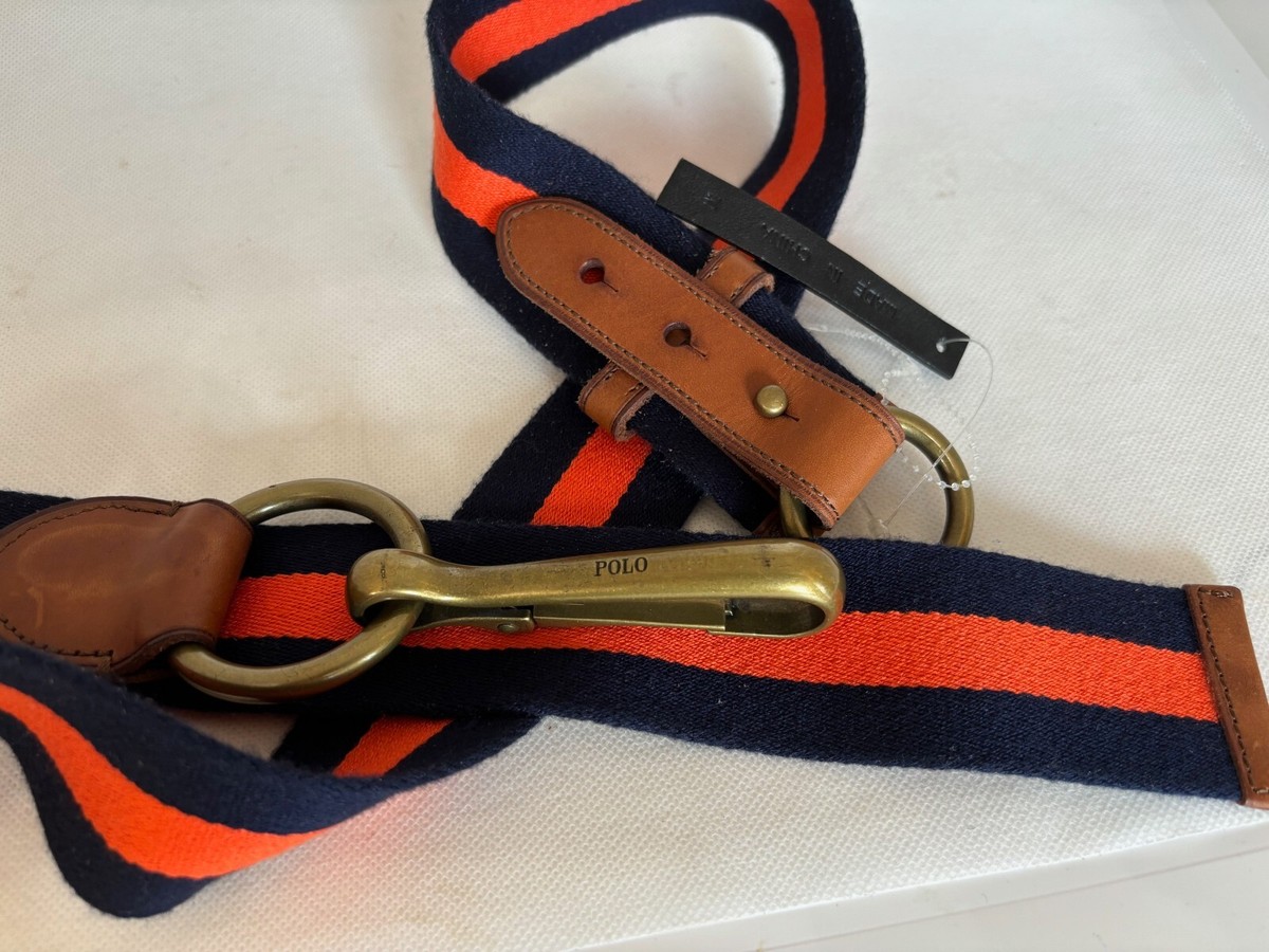 New Polo Ralph Lauren Canvas Leather Blue Orange Belt Hook 