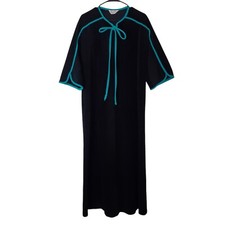 VINTAGE VANITY FAIR ROBE SIZE M BLACK BLUE VELOUR HALF ZIP HOUSECOAT TIE FRONT