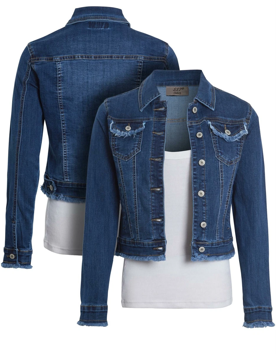 Womens Fitted Denim Jackets Stretch Indigo Jean Frayed Jacket Size 8 10 12 14 6