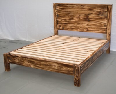 Farmhouse Torched Platform Bed with Headboard-King/Solid Wood/Modern/Made in USA