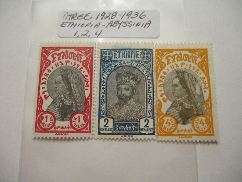 Three 1928-1936 Ethiopia-Abyssinia Postage Stamp -1, 2, 4 Denomination