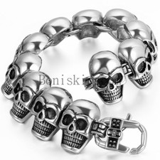 Heavy Stainless Steel Silver skull head in row Chain Link Bracelet Men's Jewelry