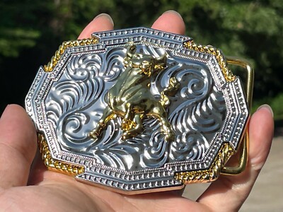 Western Gold Silver Buckle Rodeo Cowboy 2'' Longhorn Bull Calves Herd Cow Texas