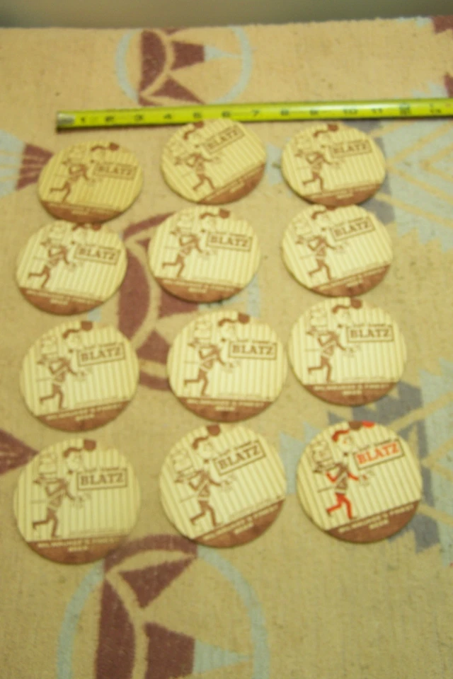 12 BLATZ BEER MAN BEER BOTTLE, CAN ,GLASS, COASTERS. 2 SIDED UNUSED. - Image 2 of 2