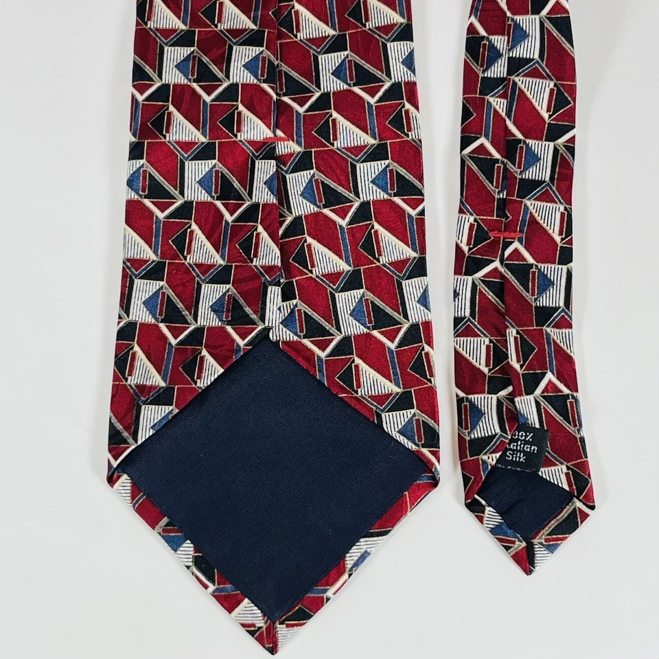 L’Atelier 100% Silk Neck Tie Burgundy/Black/Blue Geometric Abstract 3 7/8" - Image 3 of 4