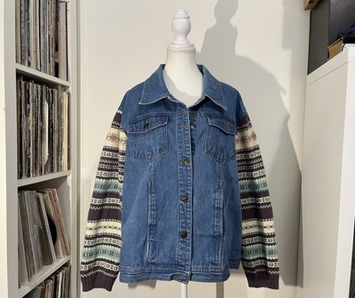 VTG 90 s Faded Glory Cotton Nordic Sweater Sleeve Mixed Denim Jacket Women s L