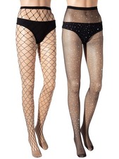 2 Pack Rhinestone Bling Fishnet Stockings Diamond Glitter Fishnet Tights Black 