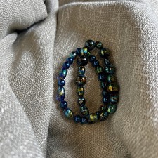 2 Handmade Stretchy Bracelet 12,10,8mm Blue Gold Green Glas Beads Size 7,6.75