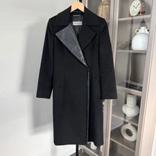 Sportmax Max Mara Black Leather Trim Long Wool Coat Small Formal Overcoat 