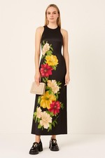 Adrianna Papell Floral Printed Satin Sleeveless Midi Dress Black sz 4 Cocktail