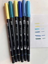 TOMBOW ABT Dual Brush Pen LOT of 6 tested 062 379 131 555 526 452 Blue Yellow